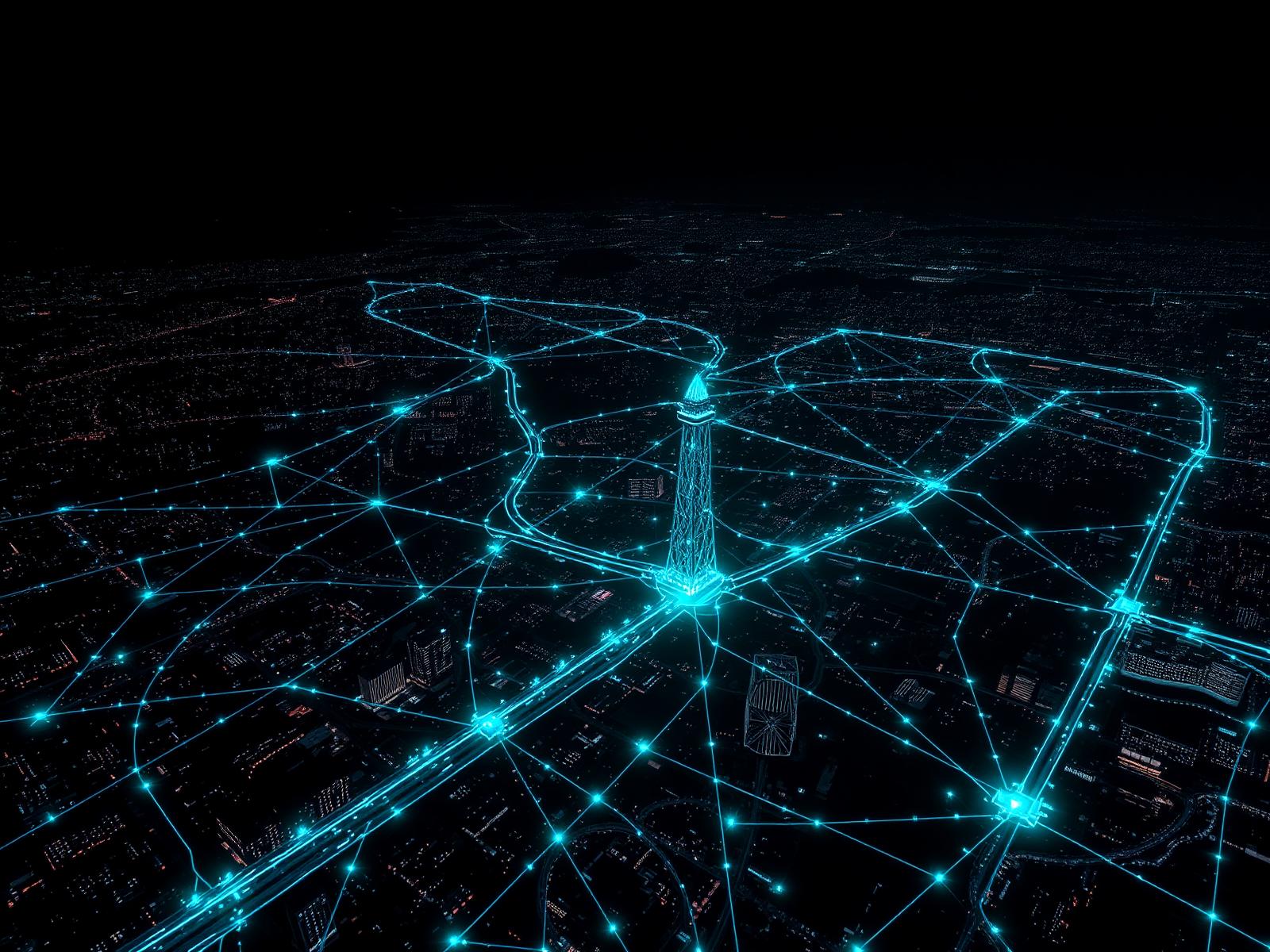 Vista noturna de São Paulo com malha de dados geoespaciais
